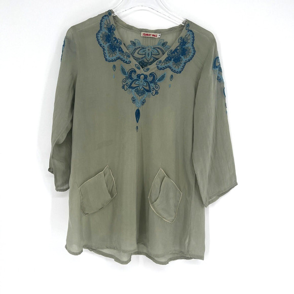 Johnny Was Blouse Womens S Green Blue Floral Embroidered Floral Boho Peasant - Picture 1 of 8